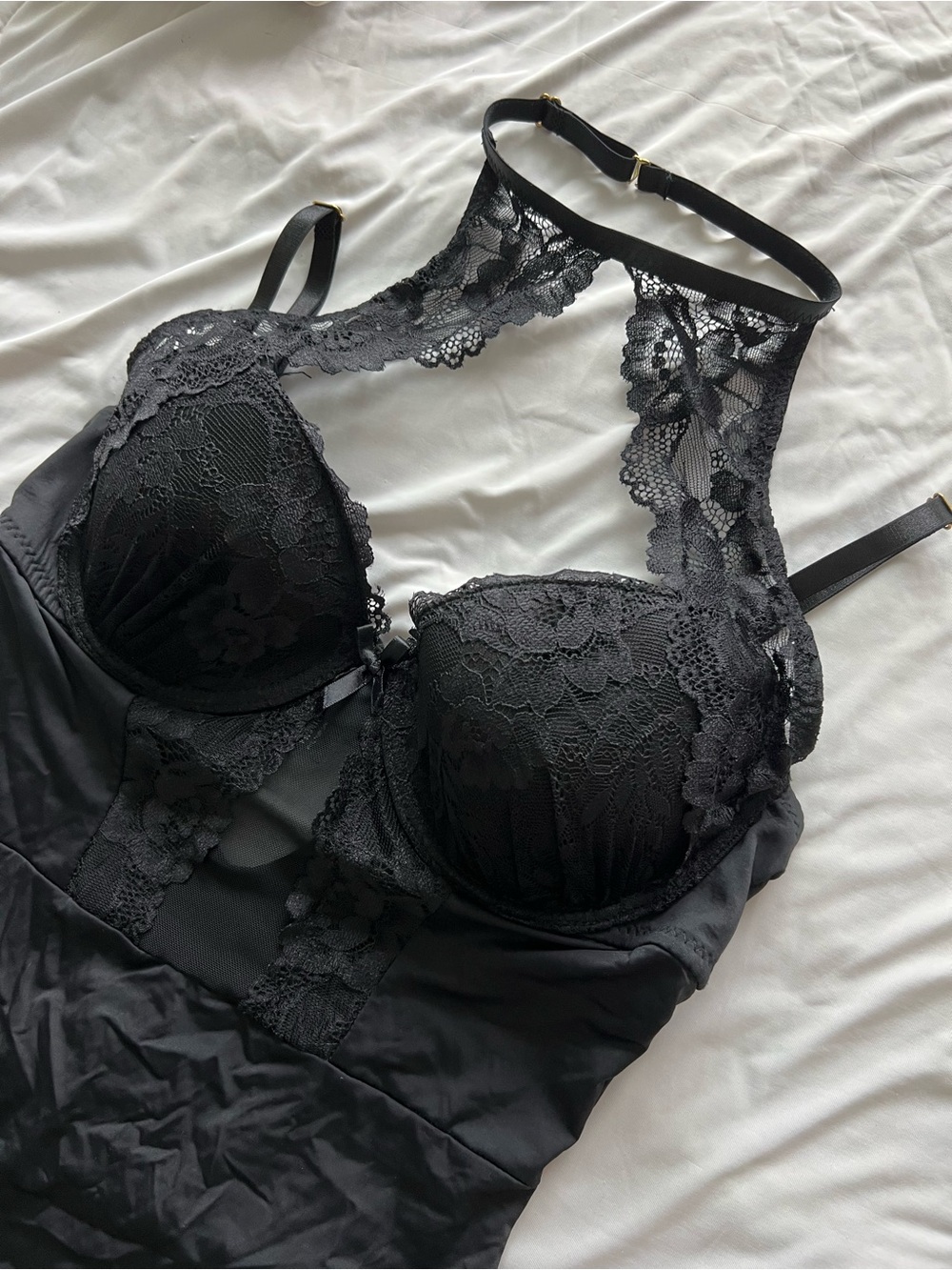 Fashion Nova Black Lace Chemise with Halter Detail